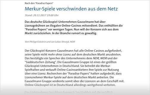 Ausschnitt eines tagesschau.de Artikels zu den Merkur Gauselmann Paradise Papers